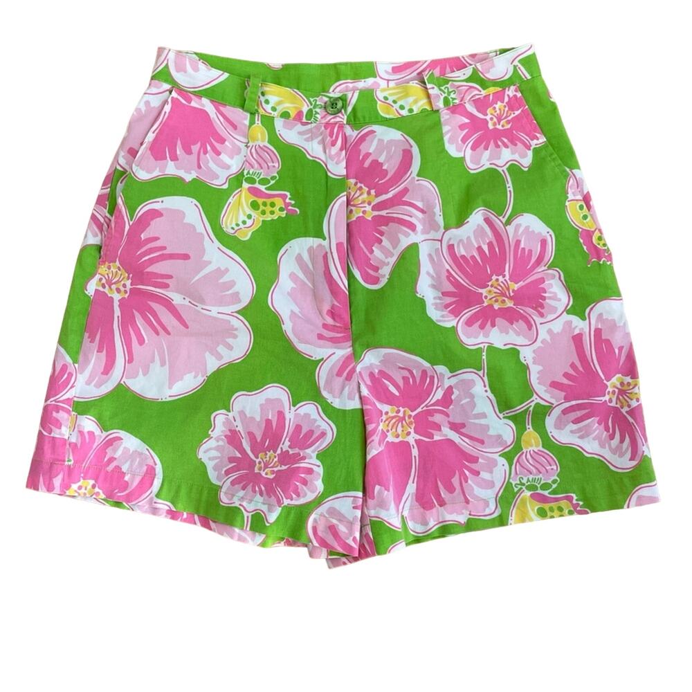 Lilly Pulitzer Green Pink Hibiscus Flower Butterfly Print Vintage Shorts Size 4